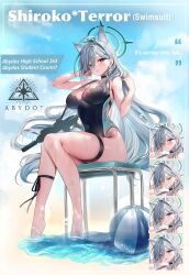 1girl absurdres ahoge alternate_costume animal_ear_fluff animal_ears assault_rifle ball beachball black_choker black_one-piece_swimsuit black_ribbon blue_archive blush breasts broken_halo chair character_name choker cleavage closed_eyes closed_mouth covered_navel cross cross_hair_ornament extra_ears grey_eyes grey_hair grey_halo gun hair_intakes hair_ornament halo highres inverted_cross large_breasts leg_ribbon legs long_hair looking_at_viewer maru_ccy mismatched_pupils multicolored_swimsuit multiple_expressions on_chair one-piece_swimsuit ribbon rifle shiroko_(blue_archive) shiroko_terror_(blue_archive) sig_sauer sig_sauer_556 sitting skindentation smile solo swimsuit thigh_strap thighs very_long_hair water weapon wolf_ears wolf_girl