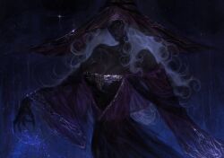 1girl bare_shoulders black_dress black_nails black_skin blue_eyes border breasts cleavage colored_skin cowboy_shot dress elden_ring elden_ring_nightreign fingernails hat hat_over_eyes highres large_breasts large_hat long_fingernails long_hair magic ornate_border plagueform recluse_(elden_ring) signature simple_background solo sparkle wavy_hair white_hair wide_sleeves witch witch_hat