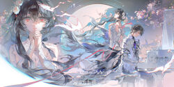 1boy 1girl absurdres armlet ascot ayn_alwyn backless_dress backless_outfit bare_shoulders bird black_ascot black_cape black_choker black_hair black_pants black_shirt bone_hair_ornament branch breasts brooch cape chinese_commentary choker closed_mouth coat commission detached_sleeves dress earrings feet_out_of_frame fish_skeleton floating_cape flower from_side gem grand_piano hair_between_eyes hair_flower hair_ornament hair_over_shoulder hand_on_own_chest highres huihui_que instrument jewelry liquid_clothes long_hair long_sleeves looking_at_object looking_at_viewer looking_down looking_up lovebrush_chronicles medium_breasts mole mole_under_eye multiple_views music oc_x_canon original own_hands_clasped own_hands_together pants parted_lips pendant_choker piano piano_bench pink_flower playing_instrument playing_piano profile red_eyes red_gemstone red_ribbon ribbon shirt short_hair side_cape single_sidelock sitting smile standing star_trail straight-on strapless strapless_dress swallow_(bird) tiara torn_ascot torn_clothes torn_coat very_long_hair watermark weibo_watermark white_coat white_dress white_flower