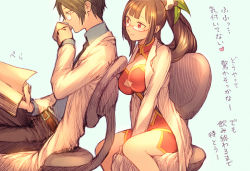 1boy 1girl arakune arc_system_works belt black_hair blazblue book breasts china_dress chinese_clothes cleavage cup dress drinking glasses ichihashi_makoto lab_coat lao_jiu large_breasts litchi_faye_ling long_hair lotte_carmine mug panda pants ponytail red-framed_eyewear semi-rimless_eyewear under-rim_eyewear very_long_hair white_background