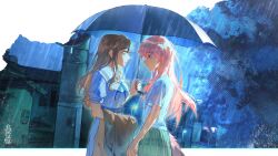 2girls absurdres animal_ears bang_dream! bang_dream!_it&#039;s_mygo!!!!! blue_dress blue_eyes blush brown_hair cang_(akaga204) chihaya_anon chinese_commentary commentary_request dog_ears dog_girl dog_tail dress green_skirt haneoka_school_uniform highres holding holding_jacket holding_unworn_clothes jacket kemonomimi_mode long_hair looking_at_another multiple_girls nagasaki_soyo open_mouth plaid_clothes plaid_skirt school_uniform shared_umbrella shirt short_sleeves sidelocks skirt tail tsukinomori_school_uniform umbrella unworn_jacket white_shirt