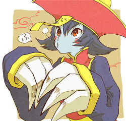 Rule 34 | (darkstalkers), 1girl, blowing, blue skin, blush stickers, border, brown eyes, claws, colored skin, darkstalkers, hair between eyes, hat, hsien-ko, jiangshi, long sleeves, lowres, mei-ling (darkstalkers), ofuda, red hat, short hair, sleeves past wrists, solo, upper body, white border, yuza