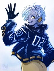 Rule 34 | 1girl, alternate hair color, black gloves, bodysuit, commentary, earpiece, english commentary, gloves, hair over one eye, highres, jacket, leather, leather jacket, long sleeves, one eye covered, one piece, open mouth, orange eyes, short hair, shuravf, smile, solo, teeth, vegapunk lilith, white hair, yellow bodysuit