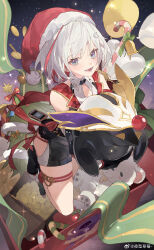 1girl balloon black_collar black_footwear black_shorts blue_eyes candy candy_cane chinese_commentary christmas christmas_tree coin collar collared_shirt commentary_request creature food from_above full_body fur-trimmed_headwear fur_trim hair_ornament hat highres hip_vent holding holding_creature honkai:_star_rail honkai_(series) looking_at_viewer multicolored_hair night night_sky numby_(honkai:_star_rail) open_mouth outdoors pom_pom_(clothes) red_hair red_headwear santa_hat shirt short_hair shorts sky sleigh smile sparkle star_(sky) starry_sky streaked_hair stuffed_animal stuffed_toy teddy_bear thigh_strap topaz_(honkai:_star_rail) treasure_chest trotter_(honkai:_star_rail) two-tone_hair watermark weibo_watermark white_hair white_shirt ye_xing_caomei