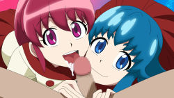 1boy 2girls aino_megumi artist_request blue_eyes blue_hair censored cum cum_in_mouth fellatio happinesscharge_precure! happy_sex highres multiple_girls open_mouth oral penis pink_hair pov precure purple_eyes shirayuki_hime smile tongue tongue_out