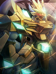 armor commentary_request cowboy_shot digimon digimon_(creature) from_side full_armor glowing gold_armor helmet looking_at_viewer magnamon magnamon_x-antibody no_humans pikkar red_eyes shoulder_armor solo standing
