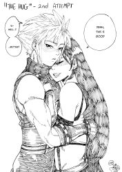 1boy 1girl aarokira absurdres blush closed_eyes cloud_strife ear_blush earrings english_text final_fantasy final_fantasy_vii final_fantasy_vii_remake greyscale hat hatching_(texture) head_on_another&#039;s_shoulder highres hug jewelry long_hair looking_at_another monochrome skirt smile speech_bubble spiked_hair suspender_skirt suspenders tifa_lockhart very_long_hair