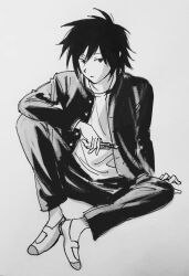 1boy 97ttwwaazz boxcutter commentary english_commentary gakuran grey_background greyscale jacket knee_up looking_at_viewer male_focus monochrome open_clothes open_jacket randal&#039;s_friends school_uniform short_hair simple_background sitting solo traditional_media tsukada_satoru
