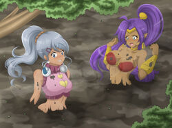 2girls absurdres bakugan blue_eyes breasts cleavage clenched_teeth crossover dark-skinned_female dark_skin dirty grey_hair highres jewelry julie_heyward large_breasts long_hair midriff multiple_girls navel open_mouth ponytail purple_hair quicksand scared shantae shantae_(series) strapless teeth tongue tube_top