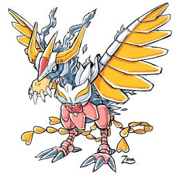 Rule 34 | armor, artist request, bird, crossover, digimon, digimon (creature), expressionless, full armor, full body, fusion, helmet, no humans, saberdramon, saint seiya, sharp teeth, simple background, tail, teeth, wings