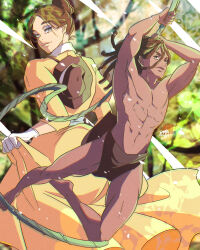 110isato 2023 absurdres barefoot brown_hair couple disney dreadlocks dress eyeshadow gloves hair_bun highres jane_porter jungle loincloth makeup muscular muscular_male nature plant purple_eyeshadow safari_hat signature swinging_on_vine tarzan_(disney) tarzan_(disney_movie) topless_male victorian vines white_gloves yellow_dress