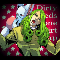 2boys ab00 bad_id bad_pixiv_id curly_hair dirty_deeds_done_dirt_cheap fabulous funny_valentine green_hair half-closed_eyes head_tilt jojo_no_kimyou_na_bouken letterboxed long_hair male_focus multiple_boys stand_(jojo) steel_ball_run text_background