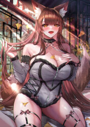 1girl absurdres animal_ear_fluff animal_ears bare_shoulders blush bow bowtie breasts brown_hair cleavage collarbone commission detached_sleeves eyelashes falling_leaves fox_ears fox_girl fur-trimmed_leotard fur_trim grey_leotard grey_sleeves hand_on_own_chest highres kirisamede_gzr large_breasts leaf leotard long_hair open_mouth original plaid_bow plaid_bowtie plaid_clothes shadow skeb_commission smile zipper zipper_pull_tab