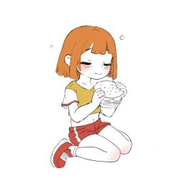 1girl animated bare_legs blush burger child closed_eyes closed_mouth daughter_(yoru_mac) eating female_focus full_body looking_at_viewer looping_animation mcdonald&#039;s midriff navel open_mouth orange_hair pointing pointing_at_self qtkat raglan_sleeves red_footwear shirt short_hair short_sleeves sidelocks simple_background sitting smile solo teeth tongue tongue_out upper_teeth_only video wariza white_background yellow_shirt yoru_mac