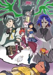Rule 34 | 3boys, 3girls, adversarial noise, akemi homura, akemi homura (cosplay), amate yuzuriha, aqua eyes, beard, bindi, black hair, blonde hair, blue hair, bow, breasts, challia bull, char aznable, choker, closed eyes, colored inner hair, commentary request, conch (gundam), cosplay, dark-skinned female, dark skin, delraich66, double bun, dreaming, dress, facial hair, gloves, gundam, gundam gquuuuuux, hair bow, hair bun, haro, headless, highres, kaname madoka, kaname madoka (cosplay), kyubey, kyubey (cosplay), lalah sune, long hair, looking at viewer, magical girl, mahou shoujo madoka magica, mask, mecha pilot suit, miki sayaka, miki sayaka (cosplay), multicolored hair, multiple boys, multiple girls, mustache, normal suit (gundam), nyaan (gundam gquuuuuux), open mouth, purple hair, red eyes, red hair, ribbon, rx-78-2 gundam, sakura kyoko, sakura kyoko (cosplay), science fiction, short hair, shuji ito, skirt, speech bubble, thought bubble, tomoe mami, tomoe mami (cosplay), trap, two-tone hair, white gloves, yellow eyes, zeon