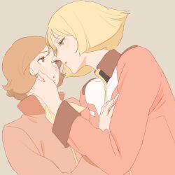 2girls 55bata6rou blonde_hair brown_hair eye_contact face-to-face fraw_bow from_side grey_background gundam hand_on_another&#039;s_cheek hand_on_another&#039;s_chest hand_on_another&#039;s_face highres jacket long_sleeves looking_at_another mobile_suit_gundam multiple_girls parted_lips profile red_jacket sayla_mass short_hair simple_background upper_body yuri