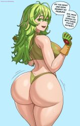 1girl ass ass_focus bare_shoulders breasts come_hither from_behind gloves green_eyes green_hair hagakure_toru highres huge_ass jiggle large_breasts long_hair looking_at_viewer looking_back open_mouth sideboob smile solo sports_bra superbusty sweat thick_thighs thighs thong