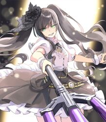 Rule 34 | 1girl, assault lily, bangle, belt, belt buckle, black background, black flower, black ribbon, bracelet, breasts, bridal gauntlets, brown hair, brown skirt, buckle, buttons, center frills, commentary request, cowboy shot, floating hair, flower, frilled shirt, frilled shirt collar, frilled skirt, frills, green eyes, grin, hair between eyes, hair flower, hair ornament, hands up, high-waist skirt, highres, holding, holding polearm, holding weapon, jewelry, kamigoori marimo, light particles, long hair, looking at viewer, loose belt, medium breasts, mila (yuta27315), neck ribbon, parted lips, pleated skirt, pointing melee weapon, polearm, puffy short sleeves, puffy sleeves, ribbon, school uniform, shirt, short sleeves, sidelocks, skirt, smile, solo, standing, suspender skirt, suspenders, suspenders slip, trident, twintails, two-tone background, v-shaped eyebrows, very long hair, weapon, white background, white bridal gauntlets, white shirt, yellow belt