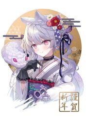 Rule 34 | 1girl, absurdres, animal ears, belt, belt collar, black belt, closed mouth, collar, flower, gloves, hair flower, hair ornament, hand up, highres, japanese clothes, kimono, new year, original, pink eyes, pink flower, pink hair, red flower, red gloves, shinomiya ino, smile, snake, translation request, upper body, white flower, white kimono, white snake
