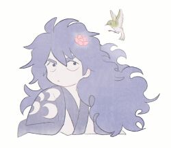 1boy bird black_hair closed_mouth flower hair_between_eyes hair_flower hair_ornament highres japanese_clothes kimono kouzuki_momonosuke long_hair looking_up mici61 one_piece simple_background thick_eyebrows upper_body white_background