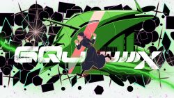 1girl absurdres black_dress black_shoes black_thighhighs breasts closed_mouth commentary copyright_name dark-skinned_female dark_skin double_bun dress electricity elmeth green_eyes gundam gundam_gquuuuuux hair_bun highres lalah_sune long_dress mecha medium_breasts mobile_armor mosha_densou non-humanoid_robot parody robot running scene_reference shoes sleeve_cuffs solo standing thighhighs
