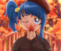 1girl alternate_costume autumn autumn_leaves beret black_hat black_sweater blue_eyes blue_hair blurry blurry_foreground casual commentary covered_mouth cut_bangs day depth_of_field hat highres hirogaru_sky!_precure holding holding_leash leaf leash long_sleeves one_eye_closed outdoors portrait precure s_island_racing side_ponytail single_sidelock solo sora_harewataru sweater twitter_username