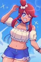 1girl bare_shoulders blue_eyes blue_sky breasts cloud crop_top dark-skinned_female dark_skin looking_at_viewer lunatuneflowers midriff nintendo one_eye_closed pokemon pokemon_masters_ex short_sleeves shorts sky skyla_(pokemon) skyla_(summer_2025)_(pokemon) wink