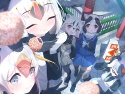 6+girls alternate_hairstyle animal_ears animal_print atlantic_puffin_(kemono_friends) badger_ears badger_girl badger_tail bird_girl bird_wings black_hair black_shirt blonde_hair blue_eyes blue_jacket blue_sky bow bowtie brown_eyes brown_footwear brown_fur brown_gloves brown_pantyhose brown_sweater cat_ears cat_girl cat_tail china_dress chinese_clothes closed_eyes danzaburou-danuki_(kemono_friends) double_bun dress eating fur_collar fur_trim glasses gloves gradient_sweater grey_necktie grey_skirt grey_sweater hair_between_eyes hair_bun hand_on_own_face head_wings highres jacket japanese_badger_(kemono_friends) kemono_friends loafers long_sleeves multicolored_hair multiple_girls neckerchief necktie official_alternate_costume open_mouth orange_hair pantyhose pleated_skirt print_dress puffy_short_sleeves puffy_sleeves red_hair sailor_collar sarutori school_uniform serafuku serval_(kemono_friends) shirt shoes short_sleeves sidelocks sign skirt sky smile sweater sweater_around_neck tail tanuki_(kemono_friends) teapot translation_request tray tufted_puffin_(kemono_friends) two-tone_hair vest white_bow white_bowtie white_fur white_hair white_vest wings yellow_eyes yellow_neckerchief