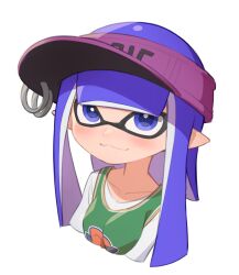 1girl :3 blue_eyes blue_hair breasts closed_mouth collarbone commentary gakusei_noa hashtag-only_commentary hat highres inkling inkling_girl inkling_player_character long_hair looking_at_viewer nintendo pointy_ears purple_hat simple_background small_breasts smile solo splatoon_(series) splatoon_3 tentacle_hair visor_cap white_background