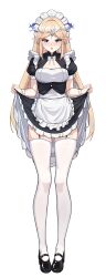 1girl absurdres alternate_costume apron black_dress black_shoes blonde_hair blue_eyes breasts cartethyia_(wuthering_waves) cleavage closed_mouth clothes_lift commentary crown_of_thorns dress dress_lift earrings enmaided full_body garter_straps hands_up highres incredibly_absurdres jewelry long_hair looking_down maid maid_headdress medium_breasts open_mouth pointy_ears shoes simple_background solo tacet_mark_(wuthering_waves) thighhighs thighs uncle_dash very_long_hair white_apron white_background white_thighhighs wuthering_waves