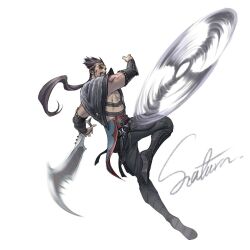 1boy black_boots black_hair black_pants boots draven facial_hair fu_manchu_(mustache) full_body highres league_of_legends long_hair long_mustache looking_at_viewer male_focus mature_male mustache pants pectorals saturn_(satscarlet) sideburns sidepec signature simple_background solo throwing_weapon very_long_hair white_background