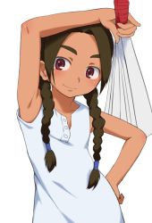 Rule 34 | 1girl, abenobashi mahou shoutengai, armpits, asahina arumi, braid, brown hair, bubukka, dress, female focus, hand fan, hand on own hip, harisen, long hair, red eyes, simple background, sleeveless, smile, solo, twin braids, white background, white dress