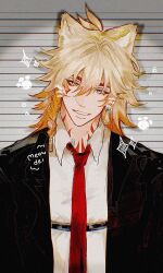 Rule 34 | 1boy, alternate costume, animal ears, black jacket, blonde hair, braid, cat boy, cat ears, chest belt, collared shirt, commentary, earrings, english commentary, facial tattoo, gold earrings, gradient hair, hair between eyes, highres, honkai: star rail, honkai (series), jacket, jewelry, lizzkumo, looking at viewer, male focus, medium hair, multicolored hair, mydei (honkai: star rail), necktie, open clothes, open jacket, red hair, red necktie, red tattoo, shirt, side braid, solo, tattoo, upper body, white shirt, yellow eyes