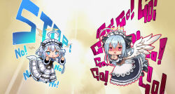 Rule 34 | 2girls, ahoge, ajitarou (setsu), apron, black boots, black ribbon, blue eyes, boots, chibi, corset, dress, emil chronicle online, empty eyes, frilled dress, frilled hairband, frills, hair ribbon, hairband, halo, long hair, maid, maid apron, maid headdress, mitama aria, mitama kyrie, multiple girls, open mouth, outstretched arm, own hands clasped, own hands together, red eyes, ribbon, white dress, white hair, white wings, wings
