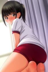1girl absurdres ass barefoot black_hair blush brown_eyes buruma commentary_request curtains from_behind gym_uniform highres long_hair looking_at_viewer looking_back matsunaga_kouyou open_mouth original ponytail red_buruma shirt short_sleeves sitting solo white_shirt window