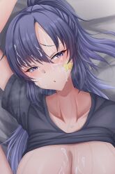 1girl aftersex arm_up black_shirt blue_archive blush breasts cleavage closed_mouth clothes_lift cropped cum cum_on_body cum_on_breasts cum_on_hair cum_on_upper_body facial gym_uniform heavy_breathing highres large_breasts m_legs on_bed paid_reward_available ponytail purple_eyes purple_hair shirt shirt_lift solo star_sticker sticker_on_face sweat ville87804 yuuka_(blue_archive) yuuka_(track)_(blue_archive)