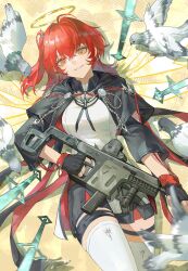 1girl animal arknights bird black_gloves commentary cowboy_shot cross cross_earrings crossed_bangs earrings exusiai_(arknights) exusiai_the_new_covenant_(arknights) finger_on_trigger fingerless_gloves glint gloves grey_bird grin gun hair_between_eyes halo highres holding holding_gun holding_weapon jewelry kriss_vector latin_cross looking_at_viewer lying medium_hair on_back one_side_up red_hair shirt smile solo sparkle submachine_gun symbol-only_commentary thigh_strap thighhighs traditional_halo weapon white_bird white_shirt white_thighhighs yellow_eyes yellow_halo yinhepongpong