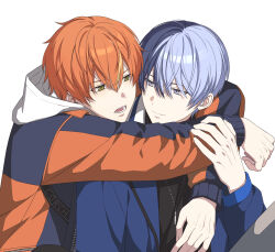2boys aoyagi_touya arms_around_neck black_shirt blonde_hair blue_eyes blue_hair blue_jacket brown_eyes closed_mouth commentary dot_nose eye_contact hair_between_eyes hand_on_another&#039;s_arm hashtag-only_commentary highres hood hood_down jacket jewelry long_sleeves looking_at_another male_focus multicolored_hair multicolored_jacket multiple_boys necklace open_clothes open_jacket open_mouth orange_hair project_sekai ray_(lthenray) shinonome_akito shirt simple_background smile split-color_hair streaked_hair teeth tongue upper_body white_background