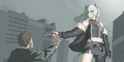 1boy 1girl absurdres ahoge aiming animal_ear_fluff animal_ear_piercing animal_ears anstatic arm_at_side bare_shoulders belt black_belt black_jacket black_nails black_pantyhose black_shirt breasts brown_hair building city cleavage collar cropped_shirt earclip fur-trimmed_jacket fur_trim grey_eyes grey_hair grey_skirt grey_sky gun hair_between_eyes hand_up handgun highres holding holding_gun holding_weapon hololive jacket lion_ears lion_girl lion_tail long_hair long_sidelocks looking_at_another messy_hair midriff miniskirt nail_polish navel o-ring o-ring_thigh_strap off_shoulder open_clothes open_jacket outdoors pantyhose parted_lips see-through_cleavage see-through_clothes see-through_shirt shirt shishiro_botan shishiro_botan_(1st_costume) sidelocks single_leg_pantyhose skin_tight skirt sky sleeveless sleeveless_shirt tail thigh_strap tokarev_tt-33 turning_head two_side_up virtual_youtuber weapon weapon_request zipper_skirt