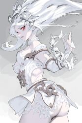 Rule 34 | 1girl, ass, blush, breasts, bug, butterfly, dress, highres, insect, long hair, looking at viewer, ori dal, original, pale skin, red eyes, simple background, solo, white dress, white hair