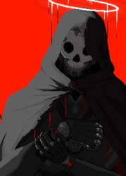 Rule 34 | 1boy, aseprite (medium), cape, commentary, english commentary, halo, highres, holding own wrist, hood, hood up, hooded cape, joints, lamily, limited palette, male focus, melting halo, original, pixel art, red background, red theme, skeleton, skull, solo