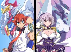 1boy 1girl alexis_kerib blue_eyes breasts cleavage freedom_xdrive gridman_(ssss) gridman_universe hibiki_yuuta large_breasts mecha necktie purple_eyes purple_hair purple_skirt red_hair red_necktie robot shinjou_akane shirt skirt ssss.gridman upper_body white_shirt