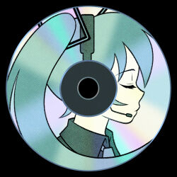 Rule 34 | 1girl, black background, cd, closed eyes, collared shirt, commentary, cryptidhermit, english commentary, grey shirt, hatsune miku, headphones, highres, necktie, pale skin, shirt, simple background, solo, twintails, upper body, vocaloid