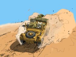 animal_ears car day dust_cloud furry gun highres holding holding_gun holding_weapon machine_gun mg42 military_jeep military_vehicle motor_vehicle original shadow spare_tire tarpaulin unused_tire weapon wheel yabarn