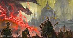 architecture armor banner battle_standard cape castle cloud cloudy_sky commentary dragon dragon_horns draw_souls elden_ring english_commentary fantasy fortress full_armor gold_armor gransax helm helmet holding holding_sword holding_weapon horns horseback_riding knight leyndell_knight outdoors patreon_username plate_armor red_lightning riding shoulder_armor sky spire standing sword tower tree_sentinel war_banner watermark weapon web_address western_dragon wings