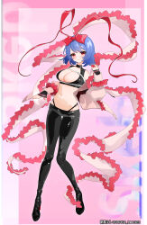 Rule 34 | 1girl, absurdres, alternate costume, asaka haru123, bikini, black bikini, black pants, black shoes, blue hair, blush, bow, breasts, cleavage, closed mouth, commentary request, commission, detached sleeves, frilled shawl, frills, full body, hair bow, highres, large breasts, looking at viewer, nagae iku, navel, no headwear, pants, pink background, red bow, red eyes, shawl, shoes, short hair, skeb commission, smile, solo, swimsuit, touhou, twitter username, variant set