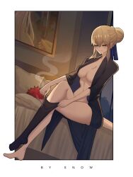 1boy 1girl artist_name artoria_pendragon_(fate) bed blonde_hair emiya_shirou fate/stay_night fate_(series) highres on_bed pantyhose red_hair saber_alter signature suhyeon unworn_clothes