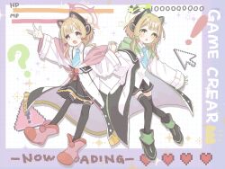 ! 2girls :3 :o ? absurdres animal_ear_headphones animal_ears aqua_necktie arrow_(symbol) black_boots black_shorts black_skirt black_thighhighs blonde_hair blue_archive blunt_bangs blush boots border bow buttons cat_ear_headphones cat_ears collared_shirt commentary crown_(symbol) dot_nose drop_shadow english_text fake_animal_ears frilled_jacket frilled_skirt frills full_body gohan_1115 green_bow green_eyes green_halo green_jacket green_trim grid_background hair_bow halo hand_up headphones health_bar heart highres holding_hands interlocked_fingers jacket knees_together_feet_apart long_sleeves looking_at_viewer low-tied_sidelocks medium_hair midori_(blue_archive) momoi_(blue_archive) multicolored_boots multicolored_jacket multiple_girls multiple_hair_bows necktie off_shoulder open_clothes open_jacket open_mouth outside_border outstretched_arm parted_bangs pink_boots pink_halo pink_jacket pink_trim pixel_heart pixelated_background pleated_skirt purple_border red_bow red_eyes school_uniform shirt short_shorts shorts siblings side-by-side sidelocks sign sisters skirt smile sparkle_background suspender_skirt suspenders tareme thighhighs thighhighs_under_boots twins two-tone_boots untucked_shirt v-shaped_eyebrows w warning_sign white_background white_jacket white_shirt wide_sleeves wing_collar zettai_ryouiki