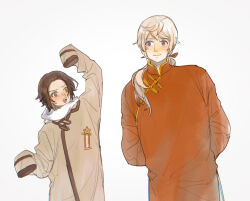 Rule 34 | 2622547117, 2boys, alternate hairstyle, arm up, arms behind back, axis powers hetalia, blush, brown coat, brown eyes, brown hair, changpao, china (hetalia), china (hetalia) (cosplay), chinese clothes, chinese commentary, closed mouth, coat, collared coat, commentary request, cosplay, costume switch, hair ribbon, highres, long hair, long sleeves, looking at another, low ponytail, male focus, mandarin collar, medal, multiple boys, open mouth, ponytail, purple hair, red ribbon, red shirt, ribbon, russia (hetalia), russia (hetalia) (cosplay), scarf, shirt, short hair, simple background, smile, standing, star ornament, sweat, white background, white hair, white scarf, wide sleeves