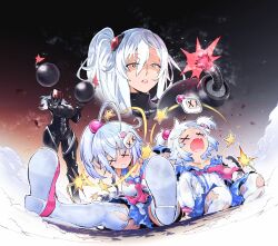 3girls artist_request black_bodysuit blue_sailor_collar bodysuit bomb bombergirl breasts character_hair_ornament closed_eyes colored_tips damaged defeat dress empty_eyes explosive fang fuse fuse_tail hair_bobbles hair_ornament highres holding holding_bomb large_breasts lit_fuse loli long_sleeves mature_female multicolored_hair multiple_girls necktie open_mouth partially_shaded_face sailor_collar second-party_source shiro_(bombergirl) shiroe_(bombergirl) shiron_(bombergirl) short_hair shortstack skirt smile tail torn_clothes torn_dress torn_skirt torn_socks twintails unconscious white_bomberman white_hair x_x